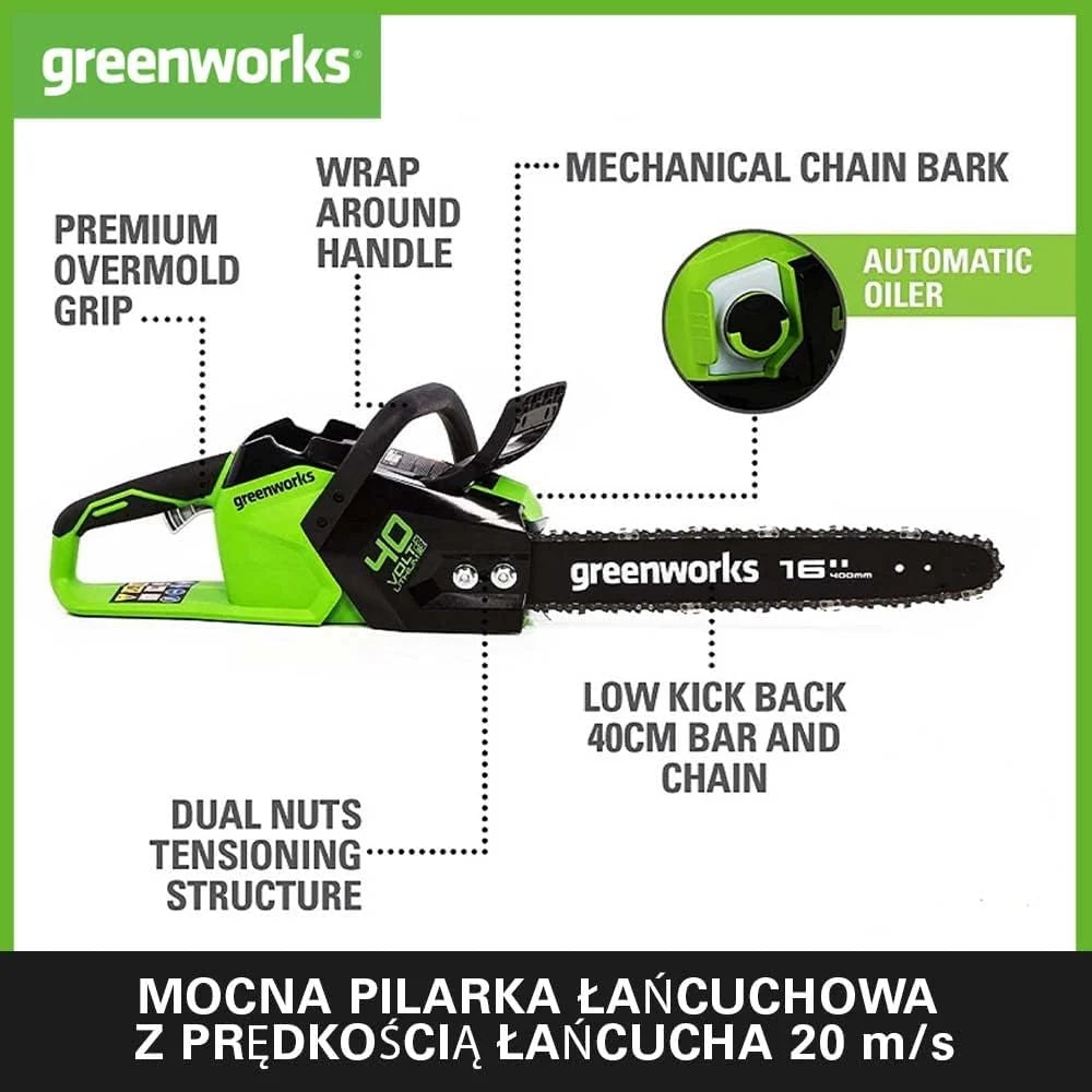 Greenworks GD40CS18K2X Akumulatorowa pilarka łańcuchowa z silnikiem bezszczotkowym, długość ostrza 40 cm, szybkość 20 m na s, 3,8 kg, olejarka, ochrona przed odrzutem, 2 baterie 40 V 2 Ah i ładowarka