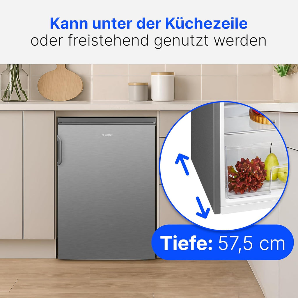 Refrigerador Bomann® sin congelador | Clase energética D | 85cm | silencioso 39dB | 3 estantes | puerta reversible | 133L | frigorífico pequeño con cajón para verduras | frigorífico estándar | VS 2195.1 inox