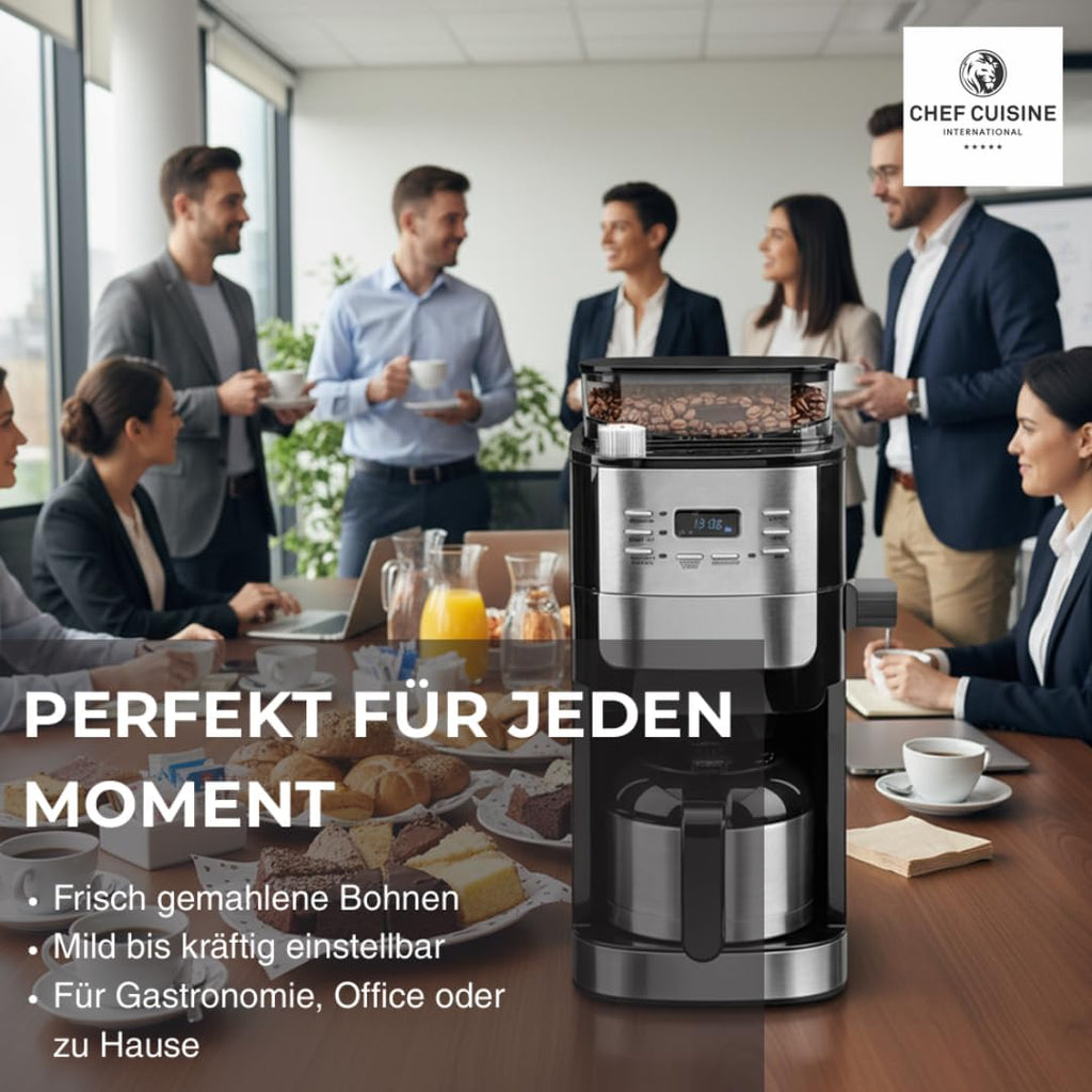 Cafetera de goteo con molinillo y jarra térmica (set 2 en 1) – Cafetera de 1050W para granos enteros y café molido, 12 tazas, temporizador 24h, acero inoxidable