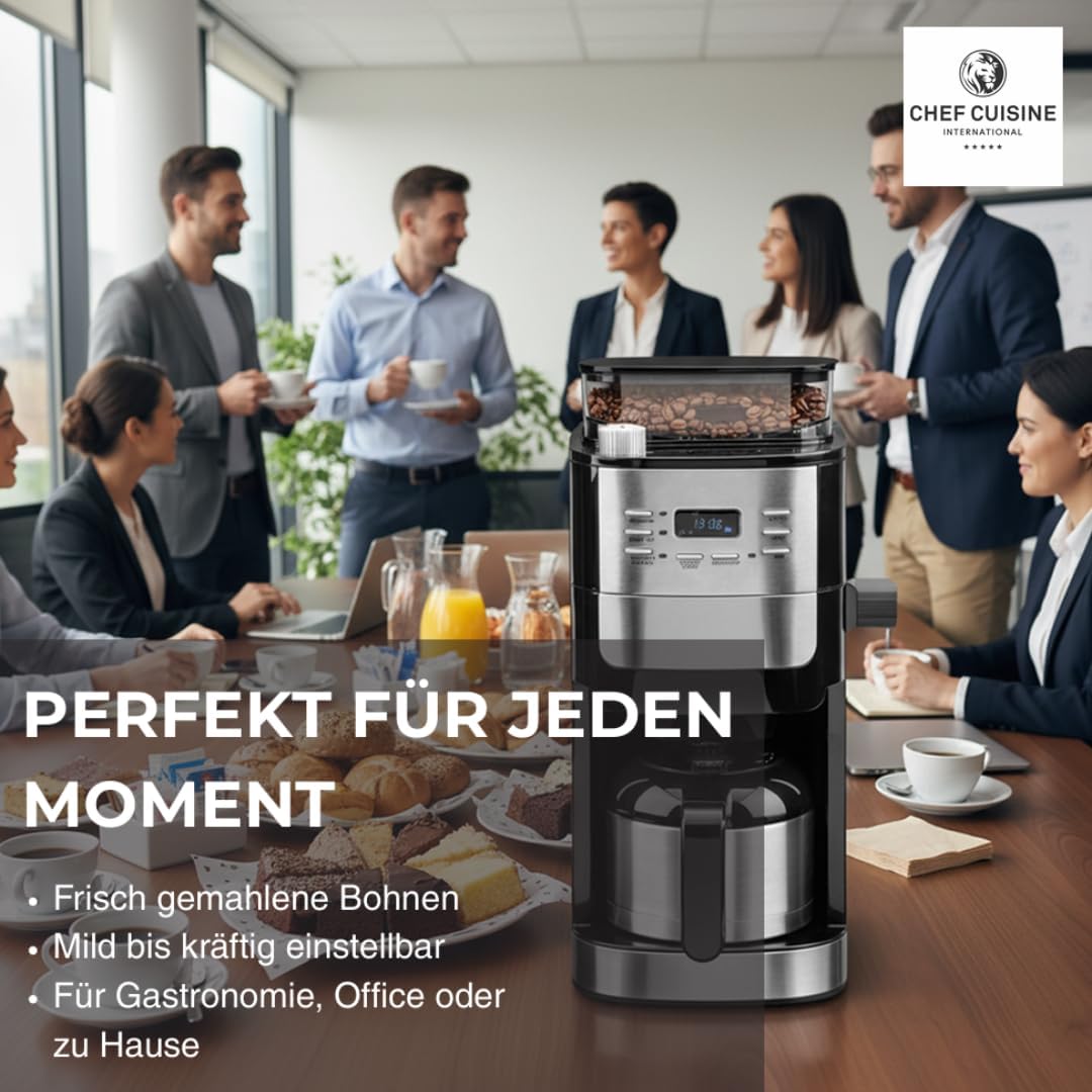 Cafetera de goteo con molinillo y jarra térmica (set 2 en 1) – Cafetera de 1050W para granos enteros y café molido, 12 tazas, temporizador 24h, acero inoxidable