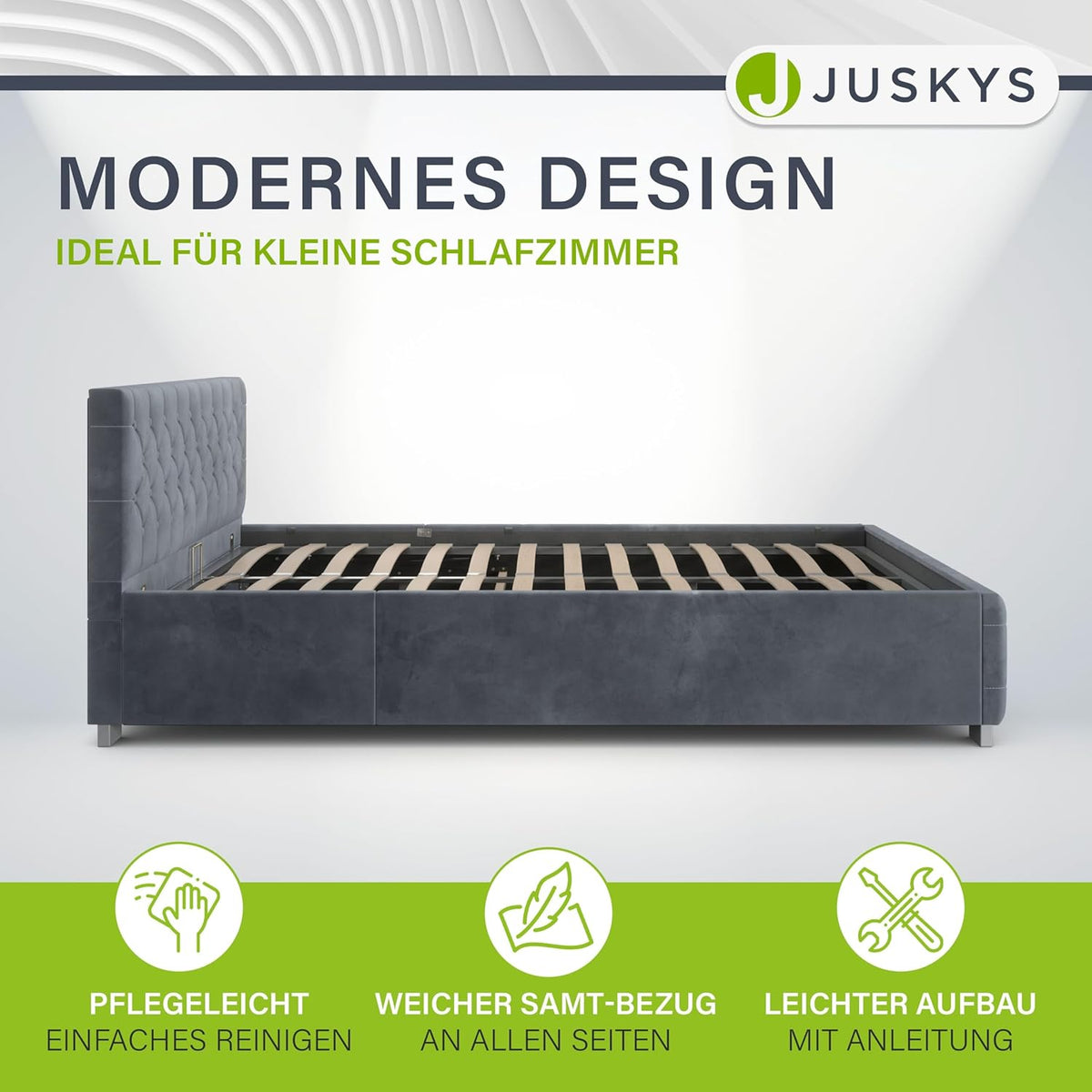 Cama tapizada Juskys Nizza 180x200 cm con colchón, estructura de cama con somier, almacenamiento y luz LED, tapizado de terciopelo, capitoné estilo Chesterfield, gris
