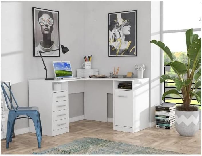 Escritorio esquinero Forte NET 106 de 120 x 130, escritorio con 4 cajones y 1 puerta, escritorio blanco, habitación juvenil, oficina en casa, oficina, madera reconstituida, blanco, 125 cm de ancho x 75 cm de alto x 125 cm de profundidad