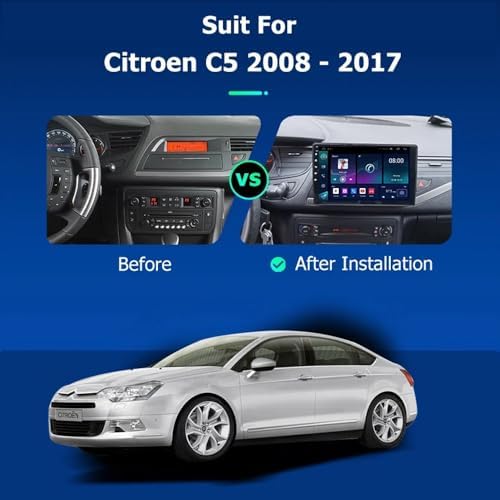 Autorradio Doble DIN con pantalla táctil HD de 9 pulgadas para Citroën C5 X7 (2008-2017), compatible con CarPlay y Android Auto, GPS, Wi-Fi, Bluetooth y Mirror Link. Procesador de 8 núcleos. Memoria: 2