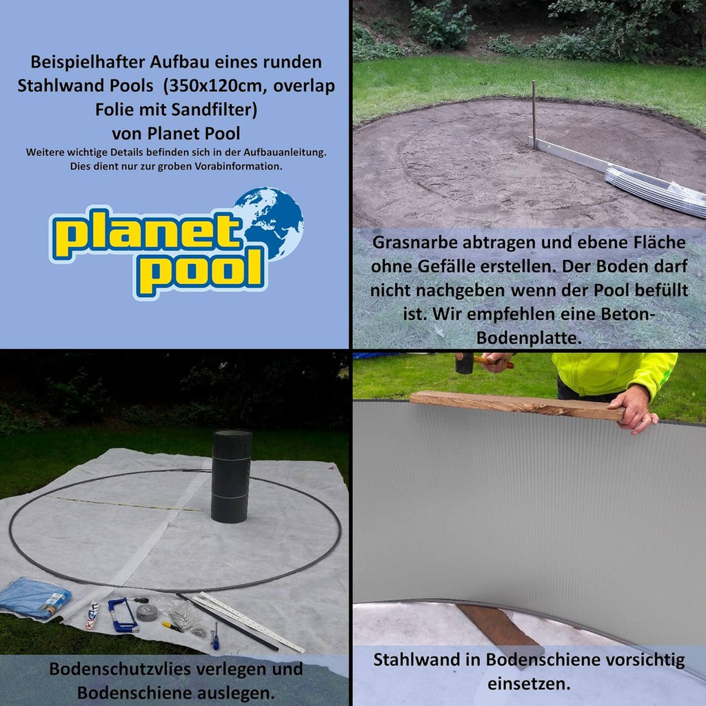Set de piscina de pared de acero Planet Pool (5 piezas) redondo 350x120 cm, acero 0,4 mm antracita, lámina 0,4 mm azul, solapa de sujeción