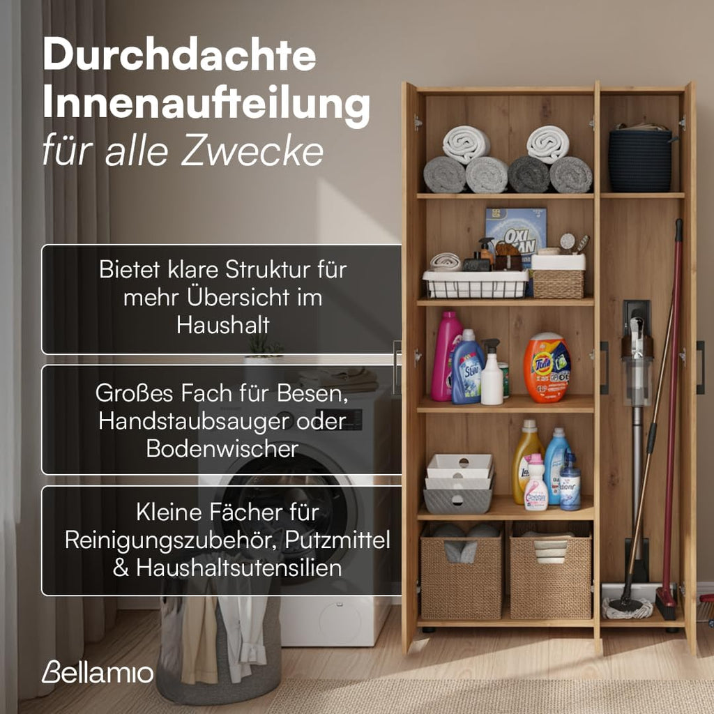 Bellamio Apol Mehrzweckschrank Eichenoptik – Besenschrank 90 cm breit mit Stauraum – Putzschrank mit Staubsaugerfach – Vorratsschrank Küche - Aktenschrank aus Holz - Flurschrank – Aufbewahrungsschrank