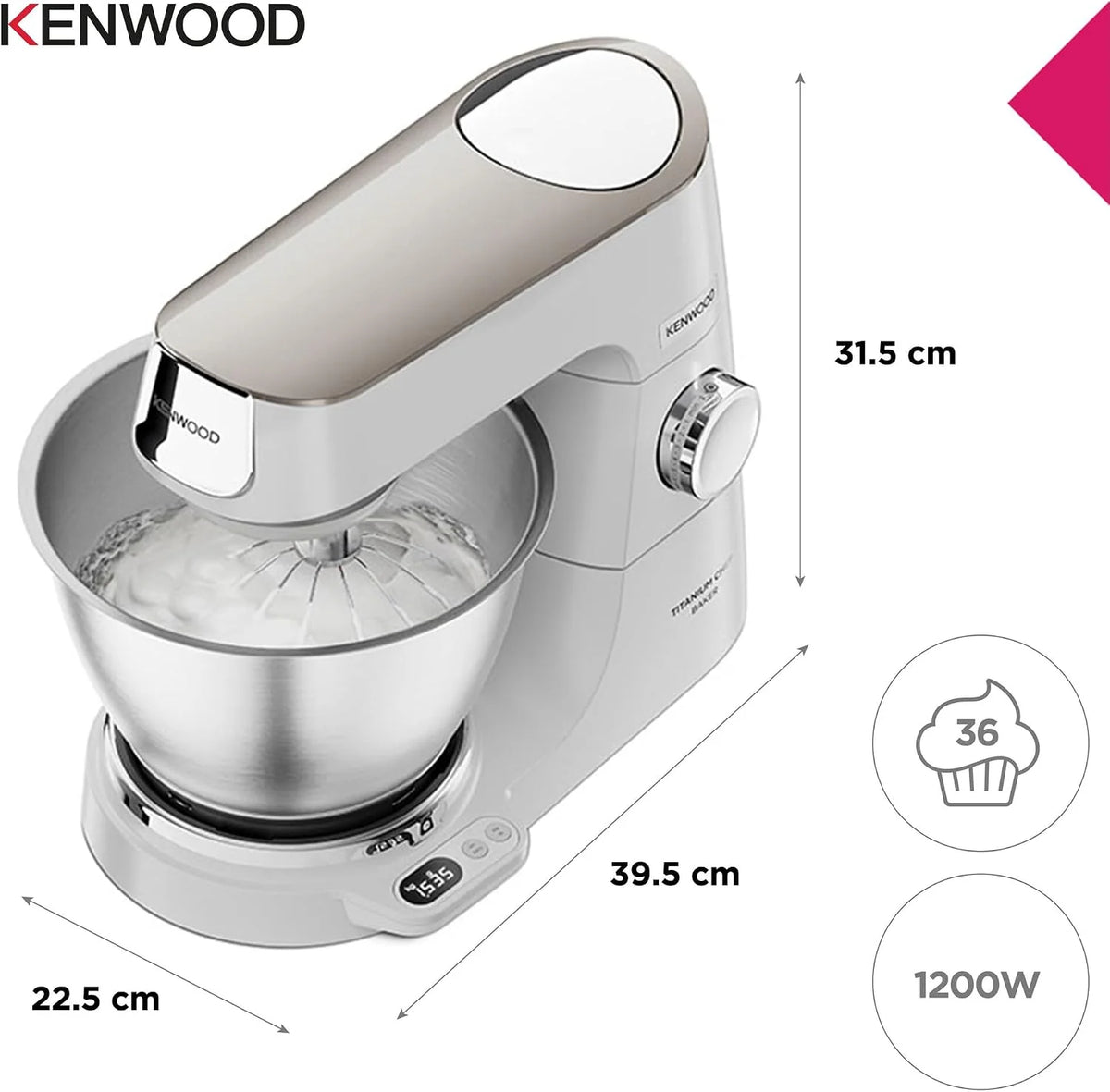 Kenwood Titanium Chef Baker KVC65.001WH, Zagniatarka planetarna z wbudowaną wagą, Trzepaczka K, Hak do wyrabiania, Trzepaczka, Miska 5 l, moc 1200 W, Biały