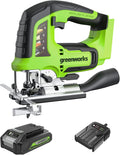 Greenworks GD24JSK2 Wyrzynarka Akumulatorowa z 2 Ostrzami, 3000 obr./min, Regulowana Podstawa do 45°, Przystawka Próżniowa PLUS 24V 2 Ah Bateria i Ładowarka
