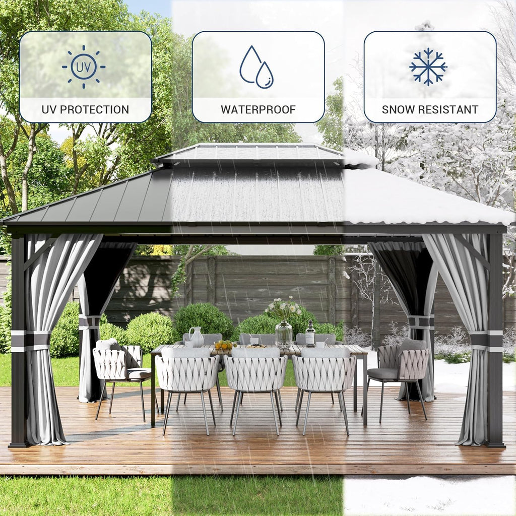 Amopatio 3,65 x 4,85 m Cenador de jardín impermeable, estable y resistente al invierno, cenador de techo rígido, cenador de aluminio con doble techo de acero galvanizado con mosquitera y cortinas para jardín, terraza, césped, gris