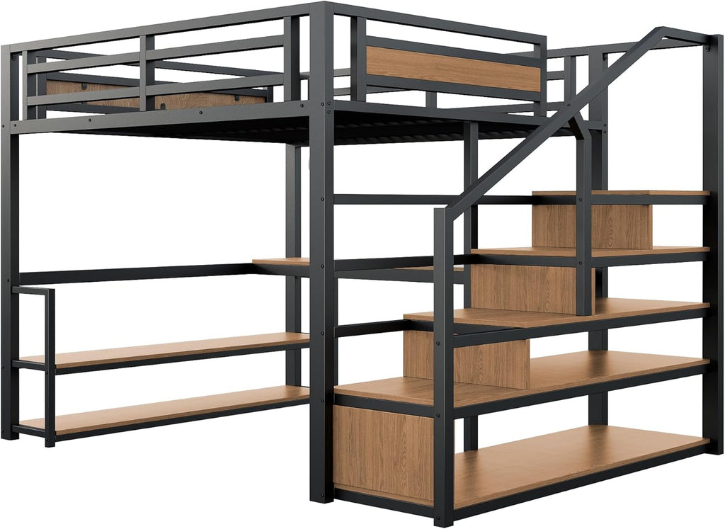 Litera alta de metal de 140x200 con escalera de almacenamiento con estantes y escritorio, diseño de valla de seguridad con tablones de metal unidos, cama de estructura de hierro alta con marco de metal para un soporte estable (negro)