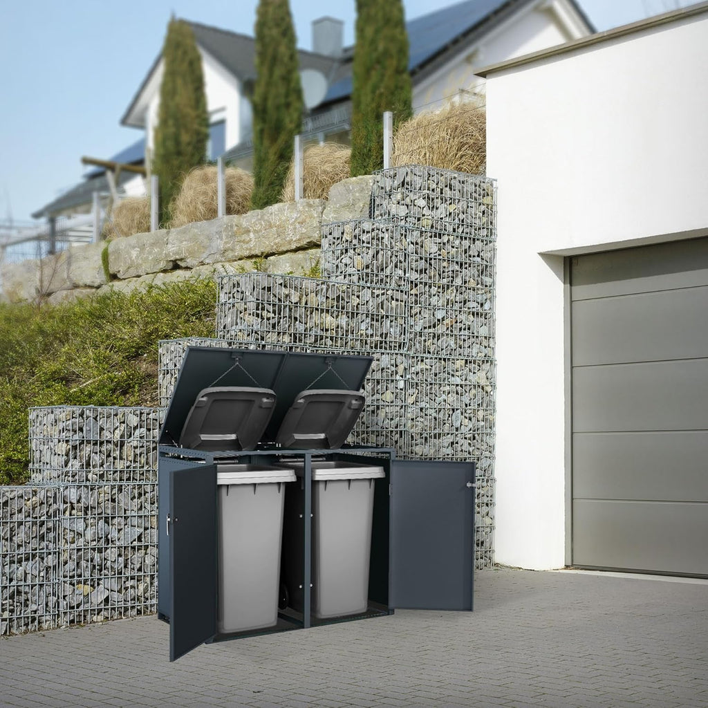 ML-Design Cobertizo para 4 cubos de basura de 240 L, 264x80x116,3 cm, antracita, acero, resistente a la intemperie, cerramiento bloqueable con tapa abatible/4 puertas, contenedor para cubos de basura, cubierta para cubos de basura