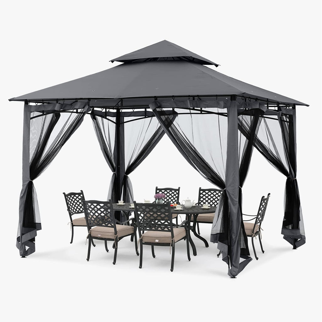 ABCCANOPY Gazebo 2.5x2.5m Impermeable Estable Resistente al invierno, cenador de jardín, techo doble de tela, carpa para fiestas en el patio trasero con malla para sombra y lluvia, Gris