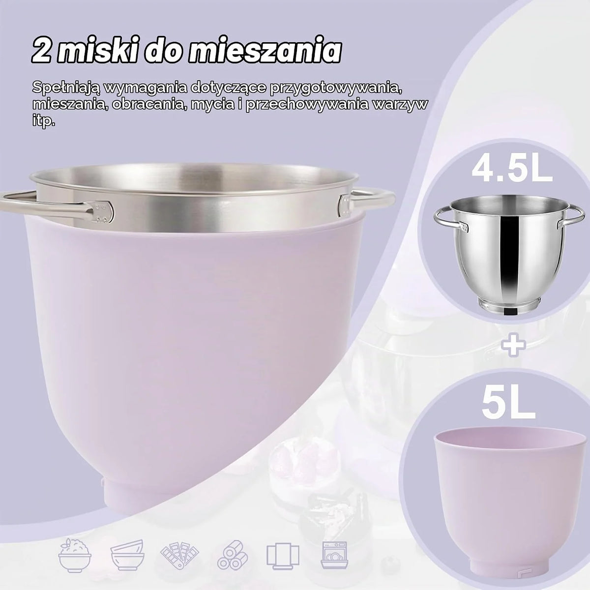 Kitchen in the box robot kuchenny, 4,5 L i 5 L maszyna do ugniatania ciasta, mikser ciasta z 10+P prędkościami z hakiem do zagniatania, mieszadłem i trzepaczką, 1300 W, fioletowy