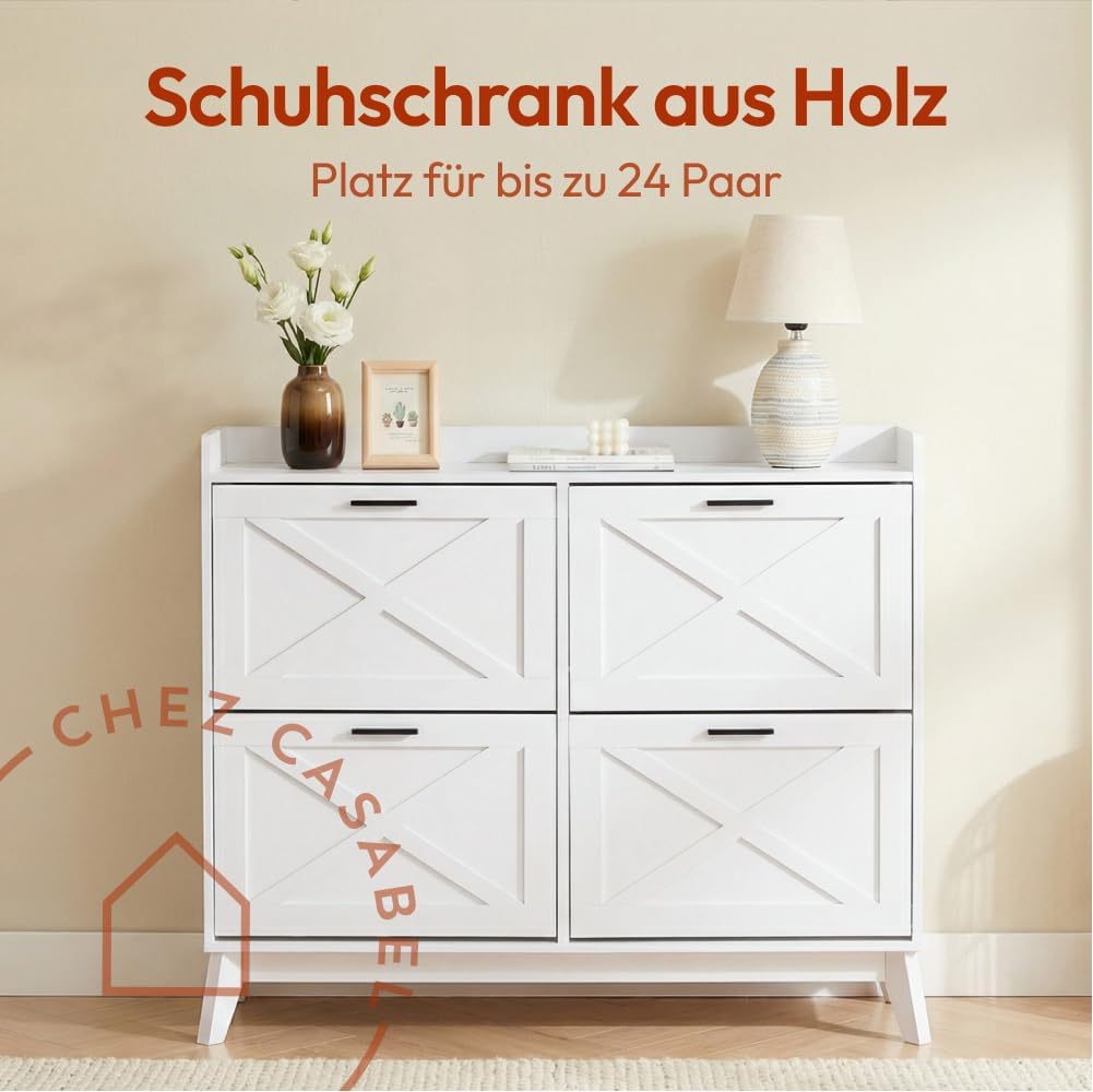 Zapatero CASABEL con 4 trampones, frentes con patrón de cruz, blanco, diseño funcional, gran capacidad para 24 pares, mueble práctico para recibidor o salón, 114x24x83 cm