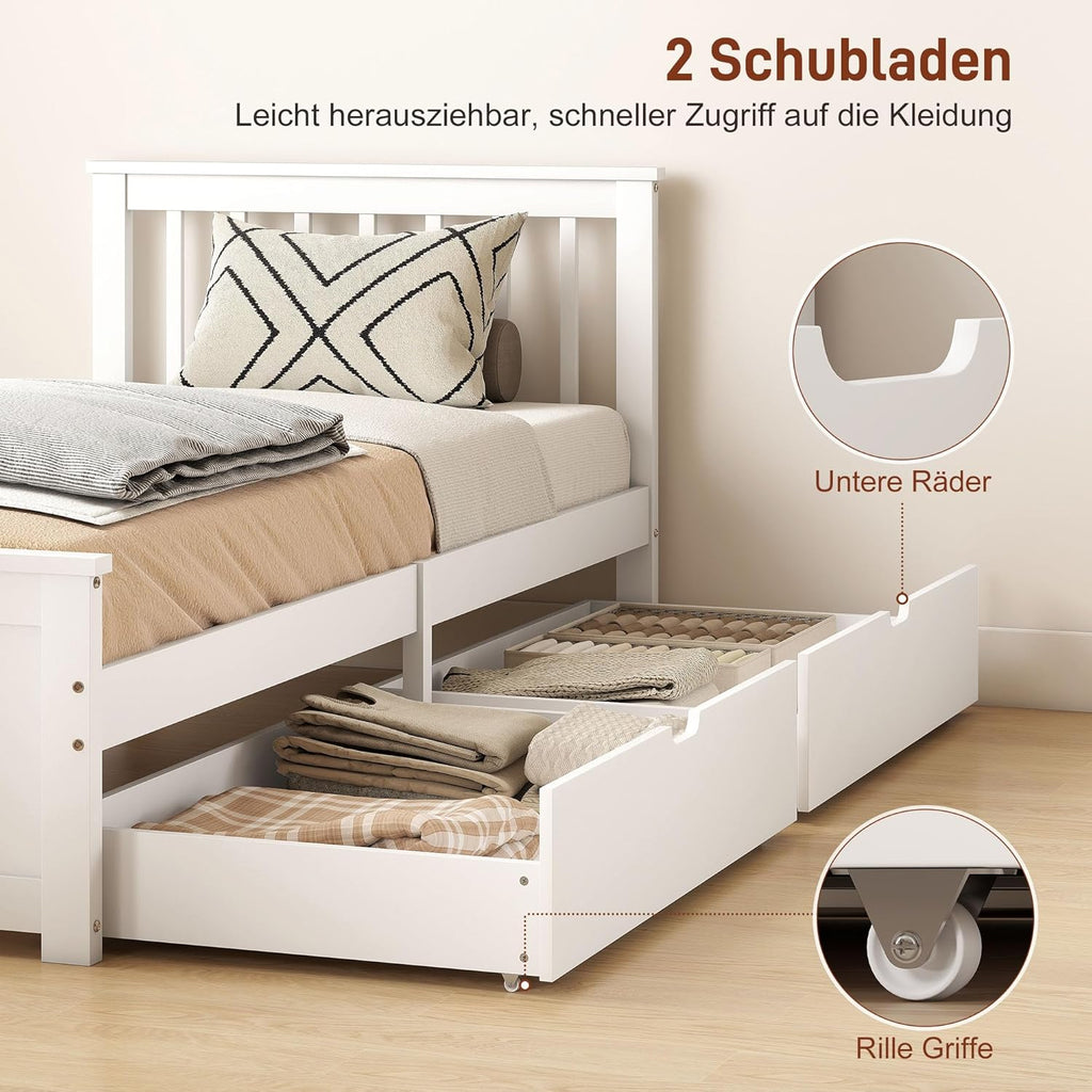 HOMCOM Cama de 90 x 200 cm, estructura de cama con somier de láminas de madera, cajón, almacenaje bajo la cama, cama individual, cama de madera con cabecero, estructura de cama para dormitorio, habitación de invitados, blanco