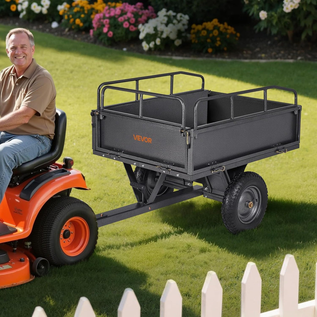 VEVOR Remolque Basculante, 283 L, Remolque de Jardín de Acero para Tractor Cortacésped, Capacidad de Carga 226,8 kg, con Neumáticos de 35,56 cm, Carrito de Transporte con Volquete para ATV, UTV