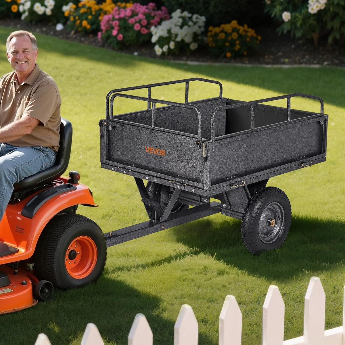 VEVOR Remolque Basculante, 283 L, Remolque de Jardín de Acero para Tractor Cortacésped, Capacidad de Carga 226,8 kg, con Neumáticos de 35,56 cm, Carrito de Transporte con Volquete para ATV, UTV