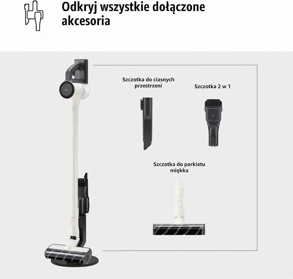 LG A9C-SLIM1C odkurzacz CordZero, odkurzacz z systemem kompresji pyłu, cykloniczny, ssący 150 W, dysza do różnych powierzchni, podstawa parkingowa, 1,9 kg, biały