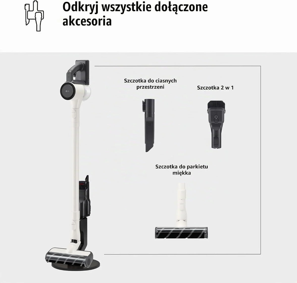 LG A9C-SLIM1C odkurzacz CordZero, odkurzacz z systemem kompresji pyłu, cykloniczny, ssący 150 W, dysza do różnych powierzchni, podstawa parkingowa, 1,9 kg, biały