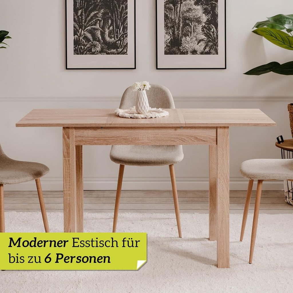 Mesa de comedor inteligente de 90x60 cm en roble, mesa de cocina extensible hasta 130 cm, mesa de comedor de madera contrachapada incl. placa de extensión, mesa moderna para hasta 6 personas