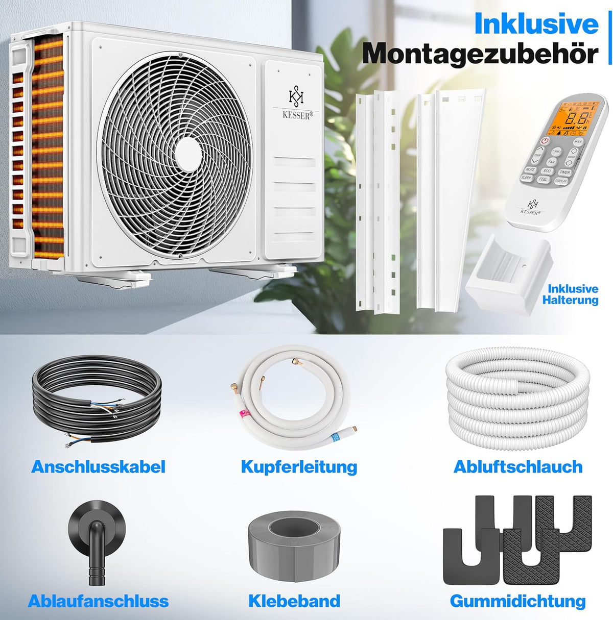 Set de aire acondicionado Split KESSER®, función WiFi/App, refrigeración A++/calefacción A+, 18000 BTU/h (5.300W) muy silencioso, refrigerante R32, mando a distancia, función de temporizador, material de montaje, antracita