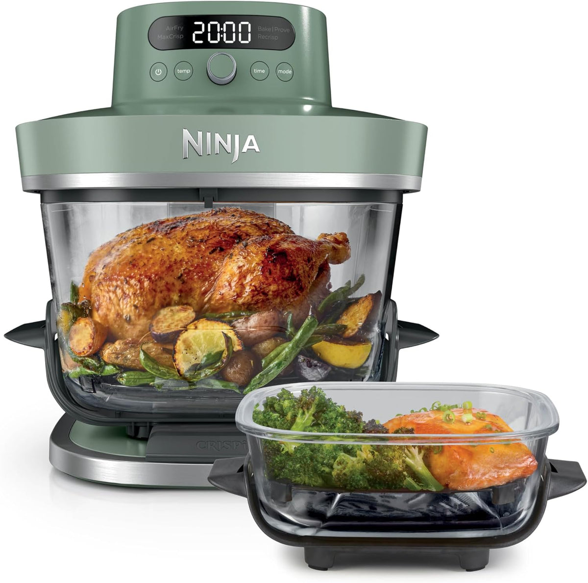 Freidora de aire de cristal Ninja CRISPi PRO XL, 5 funciones de cocción preestablecidas, recipiente de cristal CleanCrisp (5,7 l y 2,3 l) y tapa de almacenamiento, verde musgo AS090EUGN