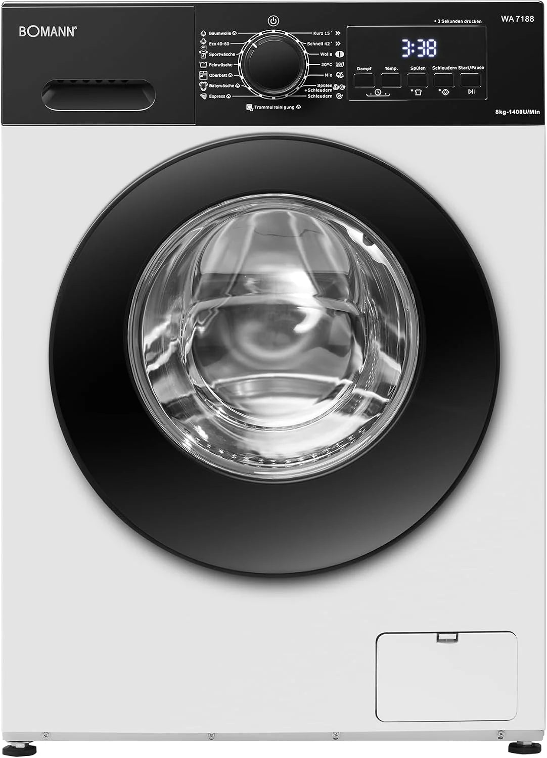 Bomann® WA 7188 pralka 8 kg | 5 lat silnika | wydajna, cicha i trwała | maks. 1400 obr./min | 15 programów | funkcja pary | wyświetlacz LED | Washing Machine | WA 7188 biało-czarna