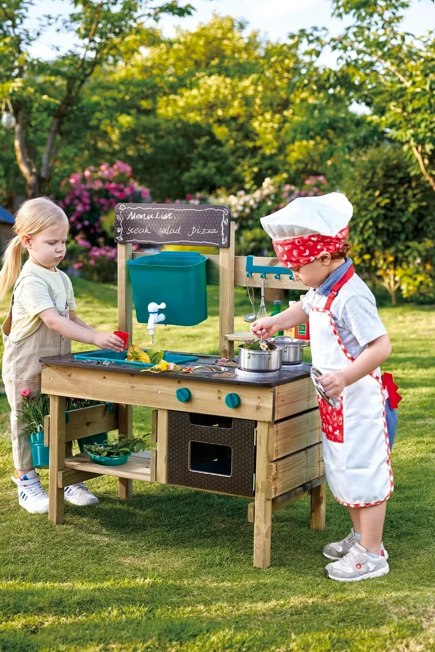 Cocina de juguete para exteriores E3193 de madera de pino para niños a partir de 3 años con fogones, horno, fregadero, depósito de agua y accesorios de cocina