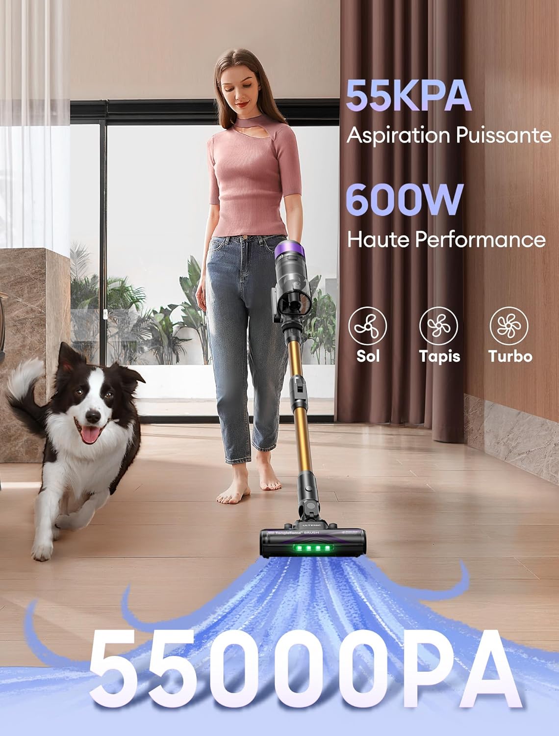 Ultenic U20 Aspiradora Escoba sin Cable, 55kPa/60min Aspiradora sin Cable, Tecnología GreenEye, Tubo Plegable, Cepillo de Suelo TangleTame, Potente para Pelo de Mascotas, Suelo Duro y Coche
