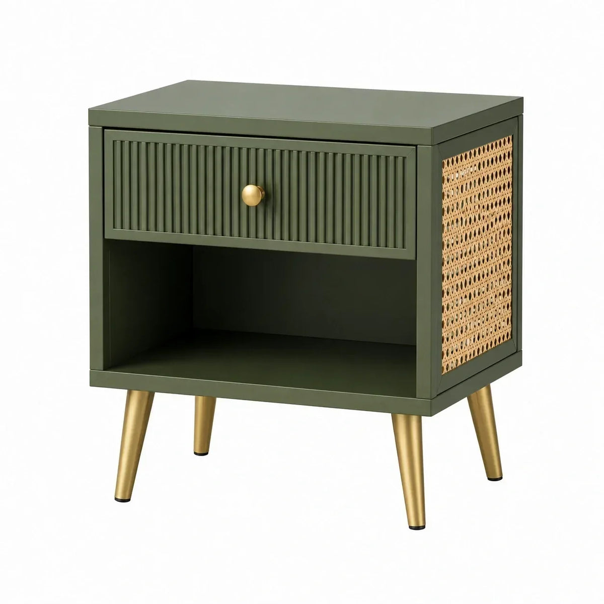 Mesita de noche de MDF y ratán en color verde oliva con patas de metal