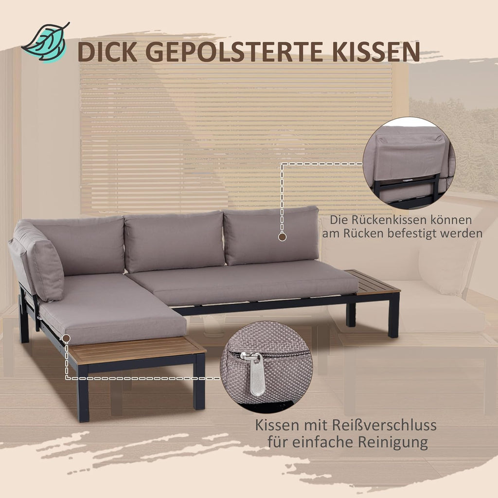 Set de muebles de jardín Outsunny de 3 piezas con mesa auxiliar, sofá con cojines, para exteriores, de aluminio, 164 x 74 x 69 cm