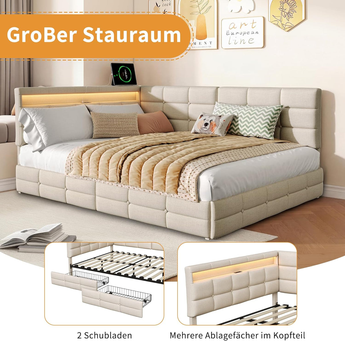 Cama tapizada doble, sofá cama de 140x200 con 2 cajones de almacenamiento, cama juvenil con USB, cama con almacenamiento, cama funcional con somier de láminas, cama infantil con cabecero LED, sin colchón (beige + lino)