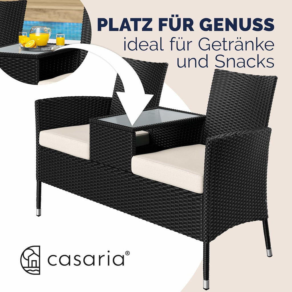 Banco de jardín Casaria® con cojines, resistente a la intemperie, polirratán, capacidad de carga de 320 kg, mesa auxiliar, resistente a los rayos UV, banco para jardín o balcón, 2 plazas, 143x55 cm, negro