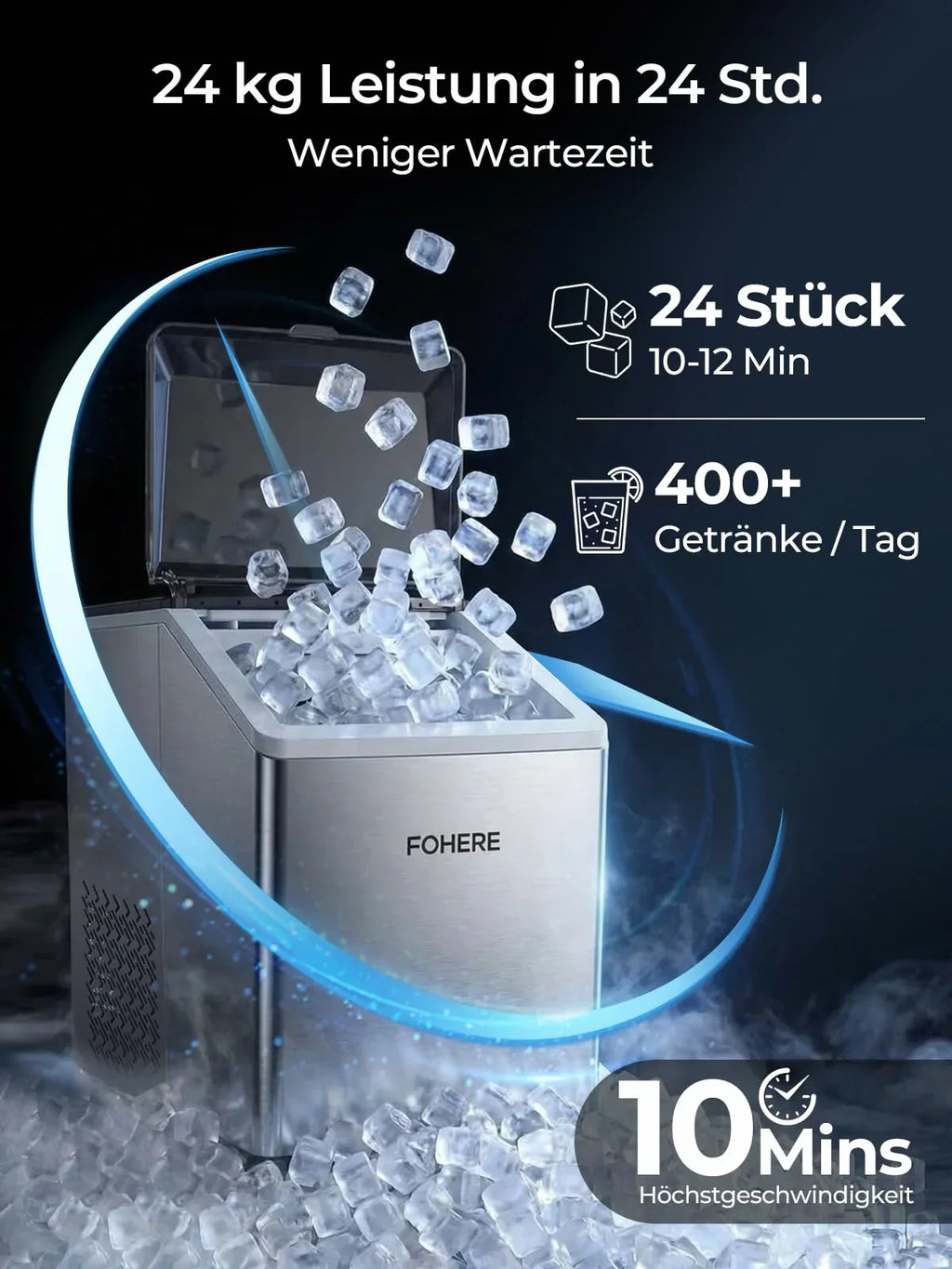FOHERE Máquina de hielo de acero inoxidable 24 kg/24h, 24 cubitos en 10 min, 3,2 L, doble entrada de agua, 40 dB, temporizador, autolimpieza, descongelación