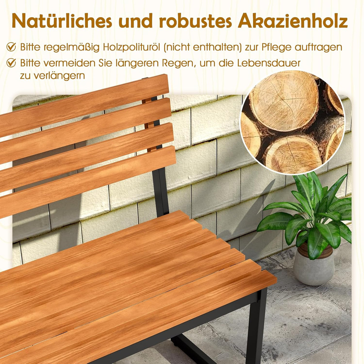 COSTWAY Gartenbank Holz, Holzbank wetterfest, 2-Sitzer Sitzbank aus Akazienholz, Balkonbank mit Metallrahmen, Terrassenbank bis 360 kg belastbar, Parkbank für Garten, Balkon, Terrasse