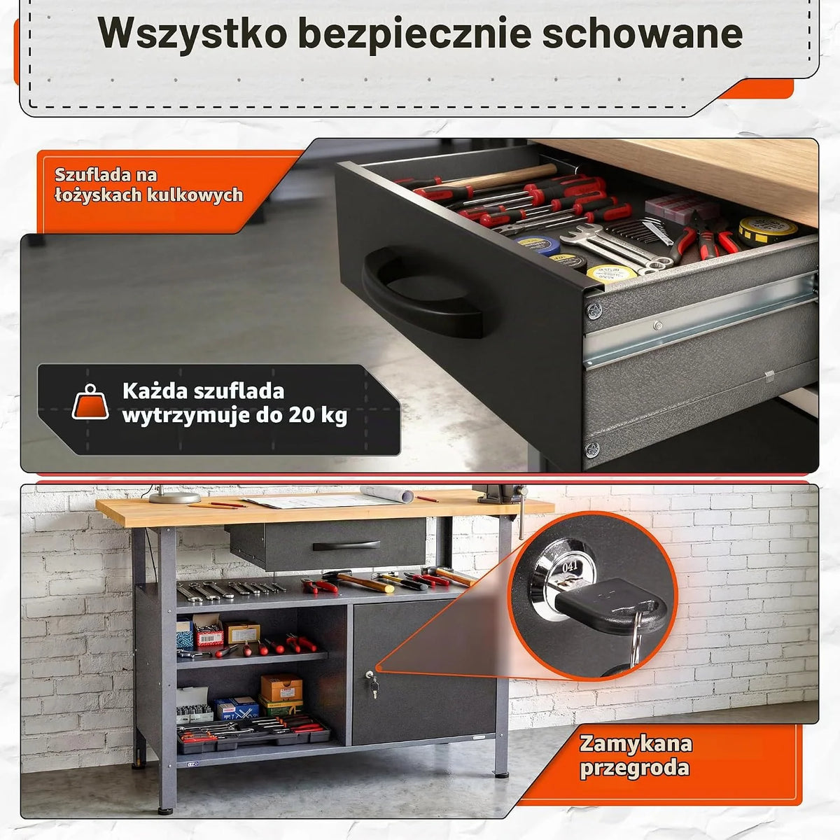 Ondis24 Stół warsztatowy Klaus 120 cm, metalowe drzwi zamykane, nogi z regulacją wysokości, wysokość robocza 85 cm, czarny blat bukowy