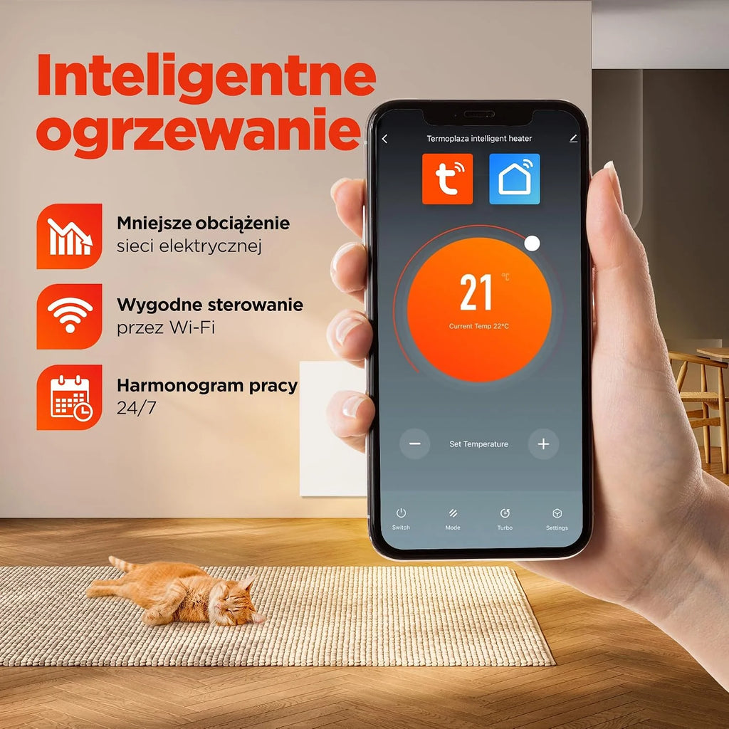 TermoPlaza WiFi Grzejnik na podczerwień z termostatem 750 W do 20 m² | Inteligentny grzejnik ścienny i stojący | Energooszczędny elektryczny grzejnik konwektorowy do pokoju i salonu