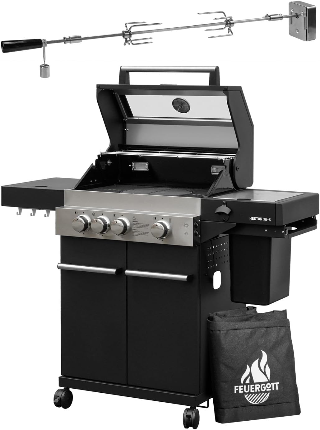 Barbacoa de gas Hektor 3B-S incl. asador giratorio y funda protectora con 3 quemadores, quemador Sear, parrilla de hierro fundido, hornillo lateral, ventana de visualización y termómetro para jardín y terraza