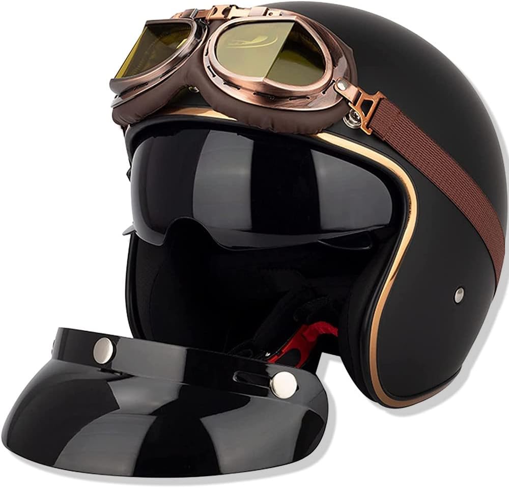 Casco de moto tipo jet vintage con gafas parasol - 3/4 cara abierta con certificación ECE para hombres y mujeres - Retro piloto chopper cruiser biker, M