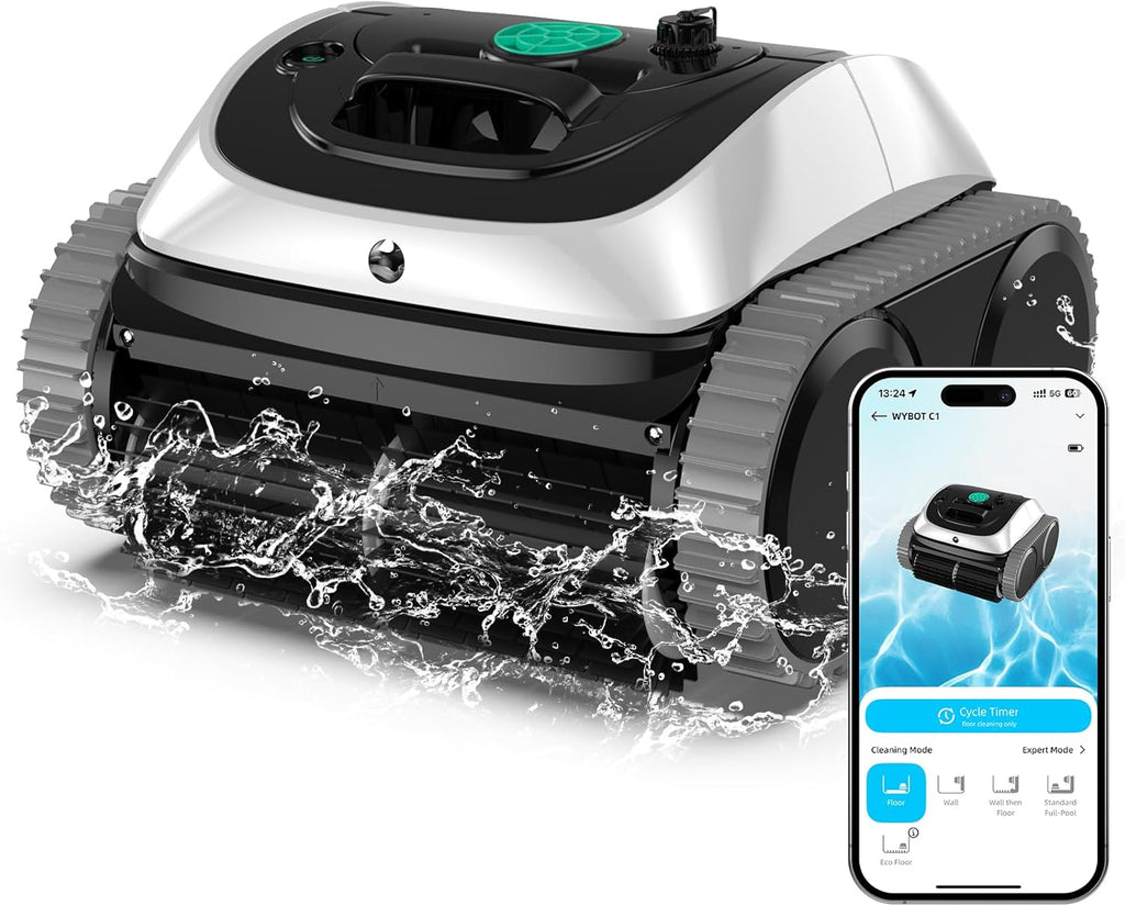 WYBOT C1 Robot limpiafondos para piscinas, fondo y paredes, 150 min, aspiradora de piscina con planificación inteligente de rutas, limpieza totalmente automática del suelo, limpieza rápida de 150 m² (verde y blanco)