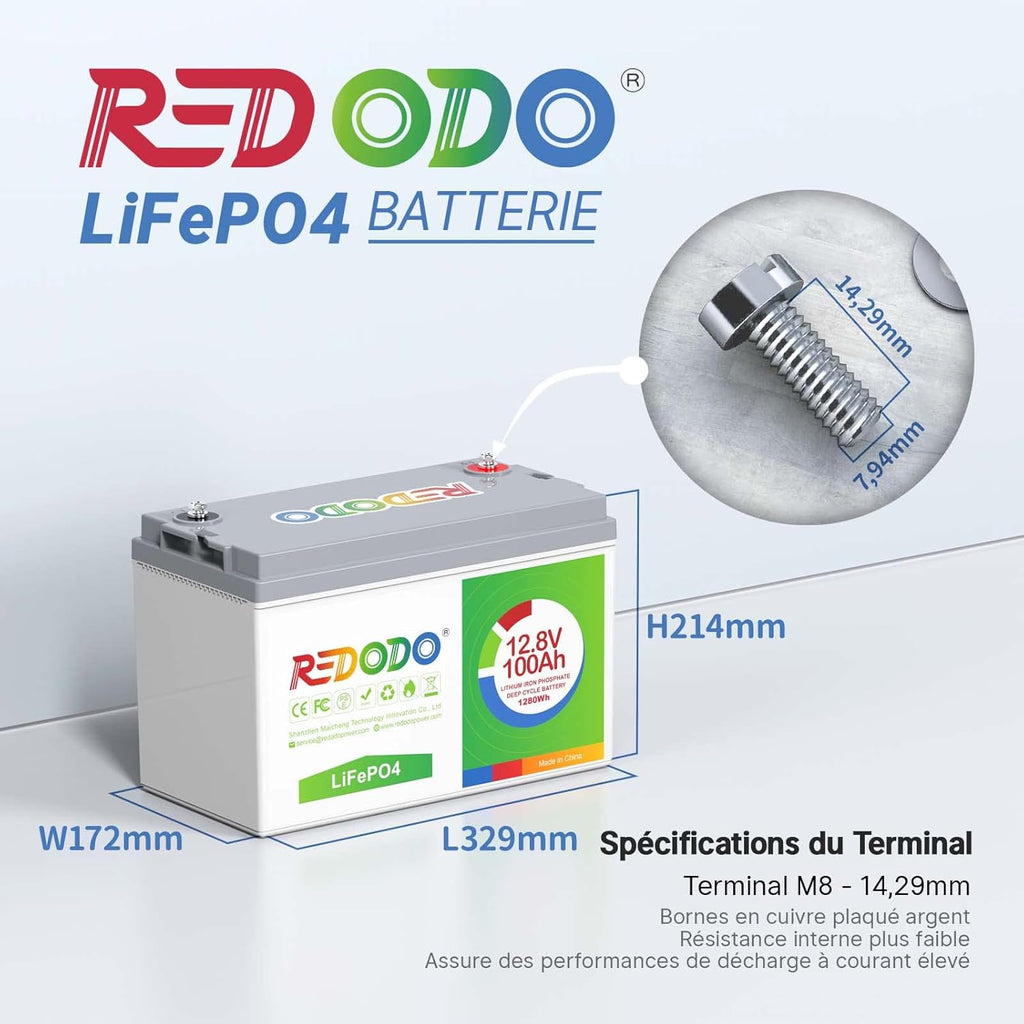 Batería de litio Redodo 12V 100Ah, batería LiFePO4 recargable, BMS 100A integrado, 4000-15000 ciclos profundos, para caravanas, barcos, autocaravanas, energía solar doméstica, fuera de la red