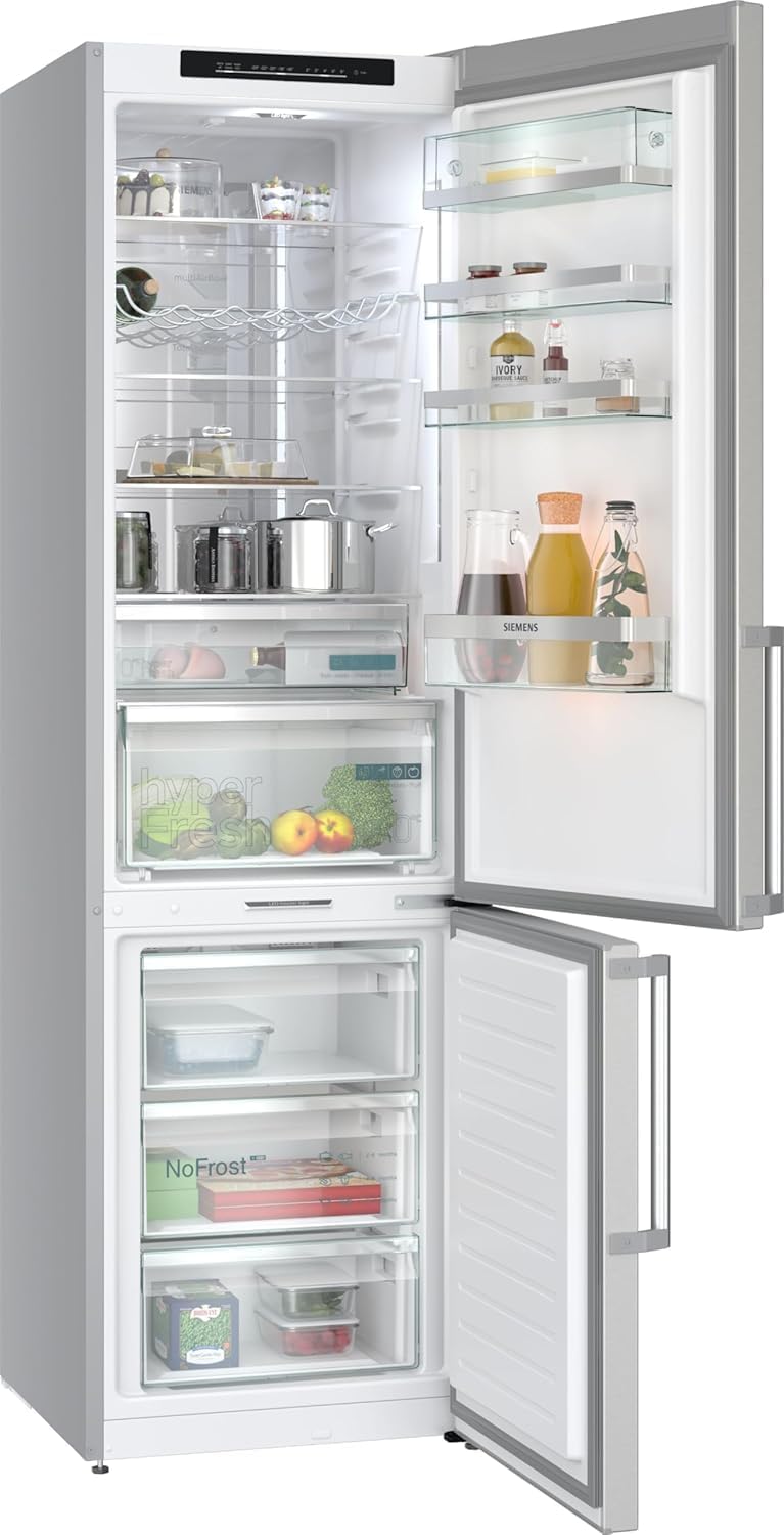 Siemens KG39NAIAU iQ500 Frigorífico combi de libre instalación, congelador inferior, 363 l, Total noFrost, hyperFresh, extremadamente silencioso, iluminación LED, 203 x 60 cm, acero inoxidable antihuellas