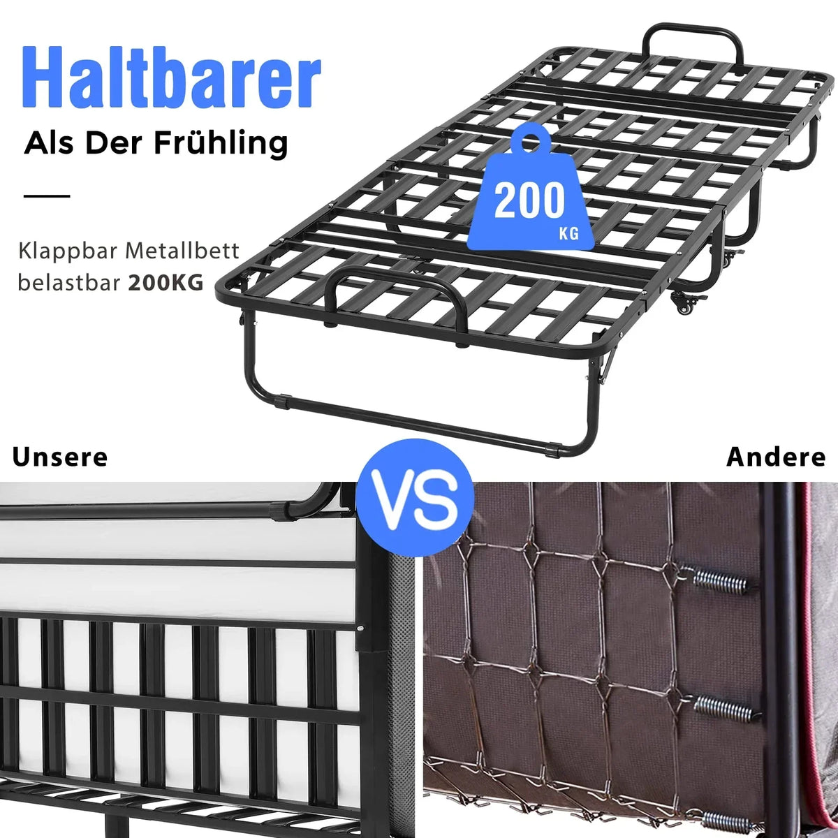 Cama plegable DICTAC 90x200cm para adultos con colchón de espuma viscoelástica de 13cm, estructura metálica plegable con ruedas, capacidad de carga de 200kg