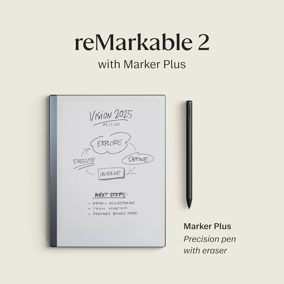reMarkable 2 tableta de papel de 10,3 pulgadas, tableta para notas de tinta electrónica, lápiz Marker Plus con borrador, dispositivo digital para notas y escritura, paquete.
