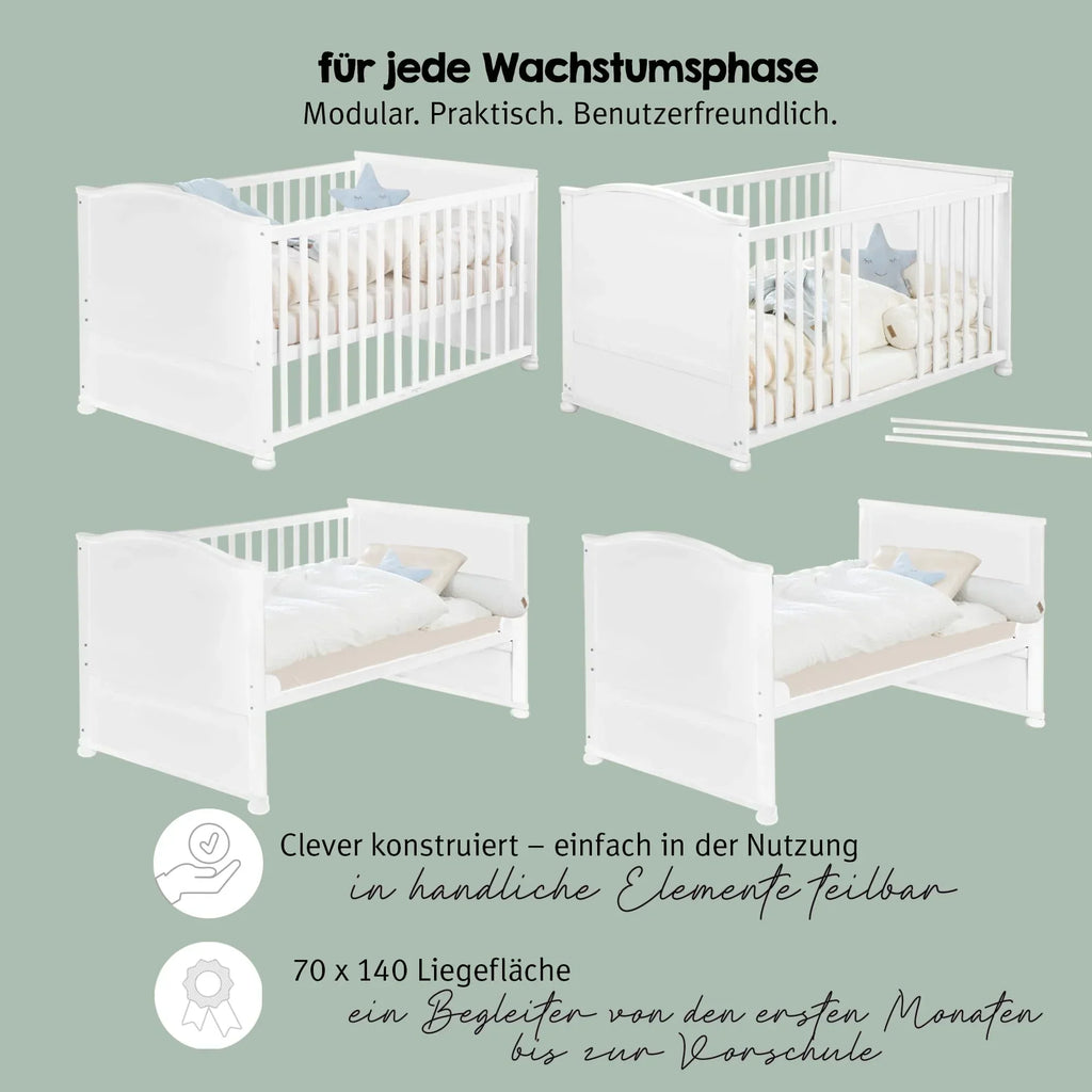 Juego de cuna roba Little Stars 70 x 140 cm, convertible y ajustable en altura, con textiles completos, diseño de estrellas, madera blanca