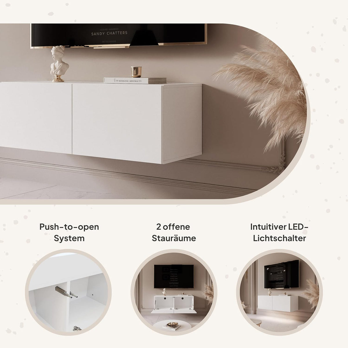 Mueble de TV de 200 cm, blanco mate, con 4 compartimentos grandes prácticos e iluminación LED - Mueble de TV colgante ideal para salones con estilo