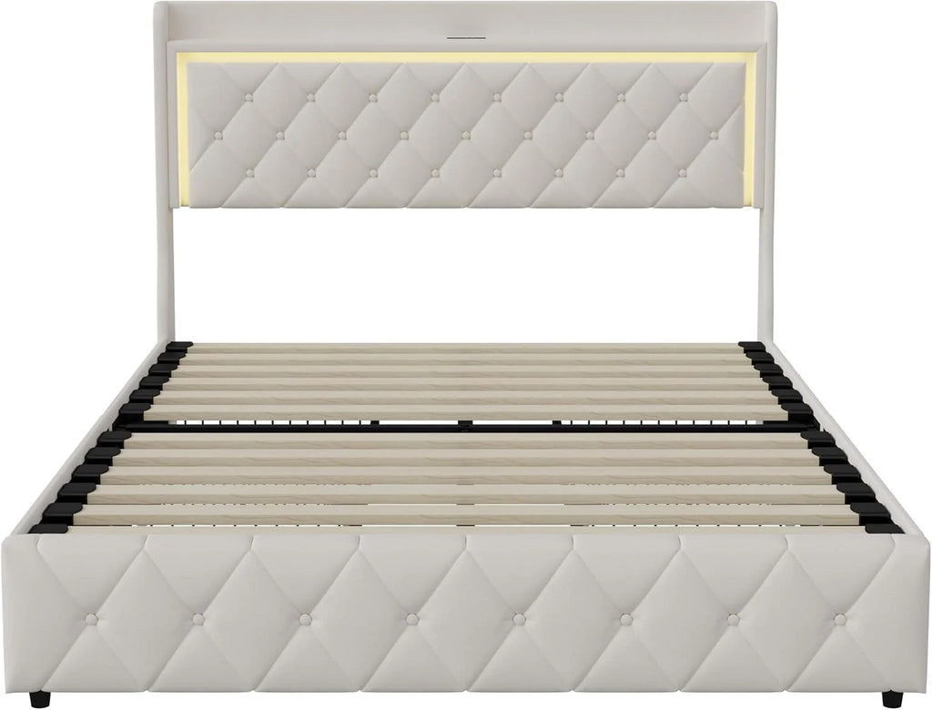 Podwójne łóżko z pojemnikiem 140 x 200 cm, łóżko tapicerowane 140 x 200 cm z 4 szufladami, LED i portem USB, funkcjonalne łóżko z zagłówkiem, rama łóżka z stelażem listwowym, aksamit, bez materaca