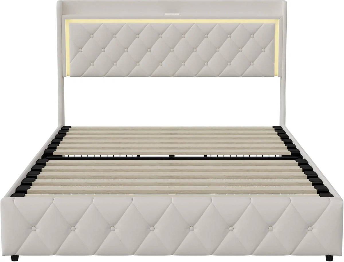 Podwójne łóżko z pojemnikiem 140 x 200 cm, łóżko tapicerowane 140 x 200 cm z 4 szufladami, LED i portem USB, funkcjonalne łóżko z zagłówkiem, rama łóżka z stelażem listwowym, aksamit, bez materaca