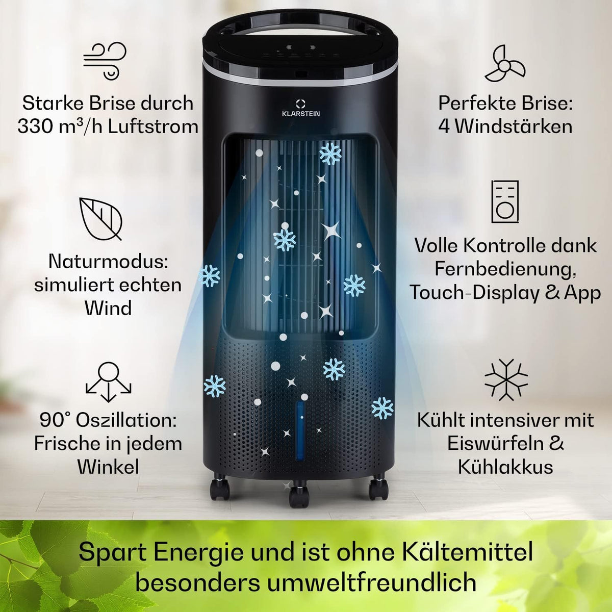 Enfriador de aire Klarstein con refrigeración por agua, enfriador evaporativo 4 en 1 silencioso, humidificador, ventilador y modo nocturno, aire acondicionado portátil de 7 L, enfriador de aire de 65 W, flujo de aire refrigerante de 330 m³/h