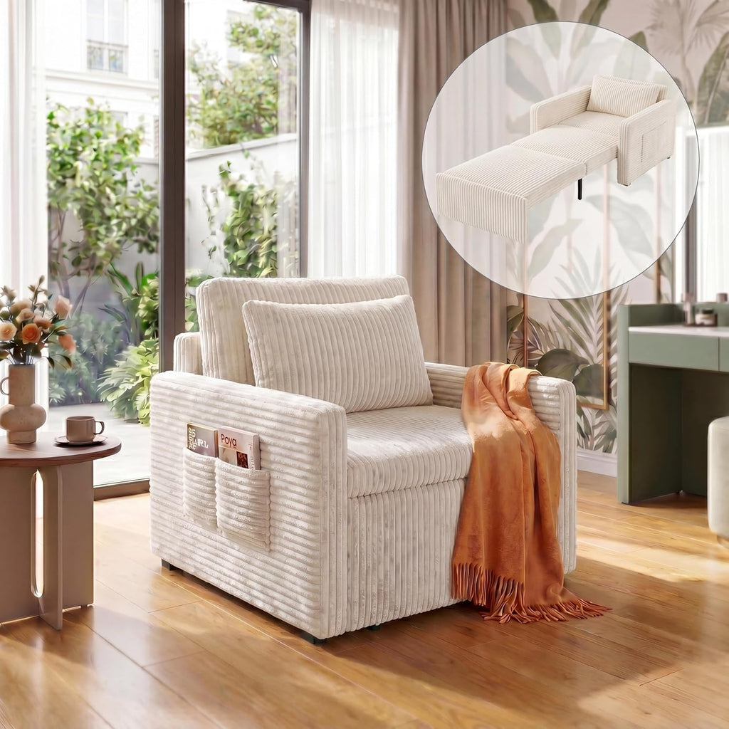 Sillón cama 3 en 1 Xbro con función de descanso, sofá cama individual extraíble, sofá cama con función de descanso, sillón cama de pana con cojín, sofá plegable para salón, dormitorio, beige