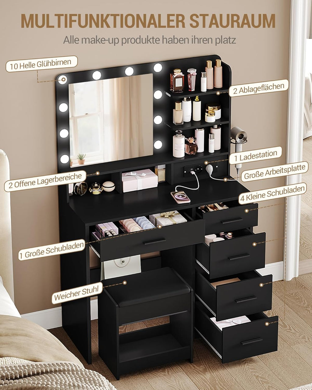 Tocador Hzuaneri con 10 luces LED, taburete, mesa de maquillaje con espejo grande, tocadores con enchufe, soporte para secador de pelo y varios cajones, negro, DT39006X